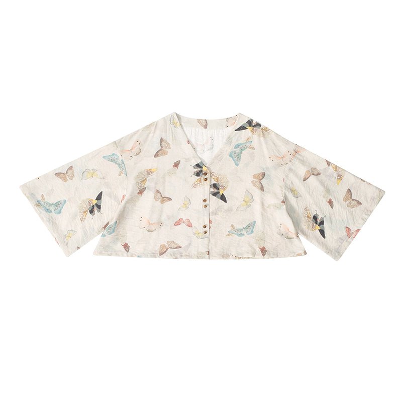 V-neck butterfly print shirt wide-sleeved short coat