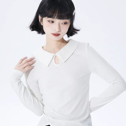 White new hollow ruched long sleeve sweater