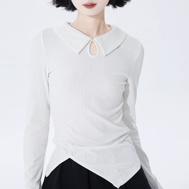 White new hollow ruched long sleeve sweater