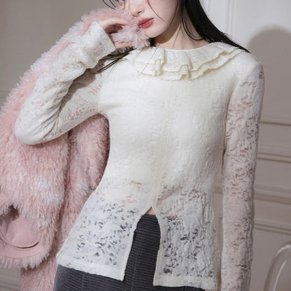 Wool lace ruffle stretch tight bottom shirt