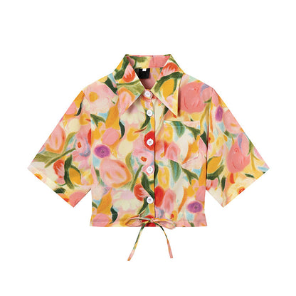 油絵の花絵画ショートシャツ