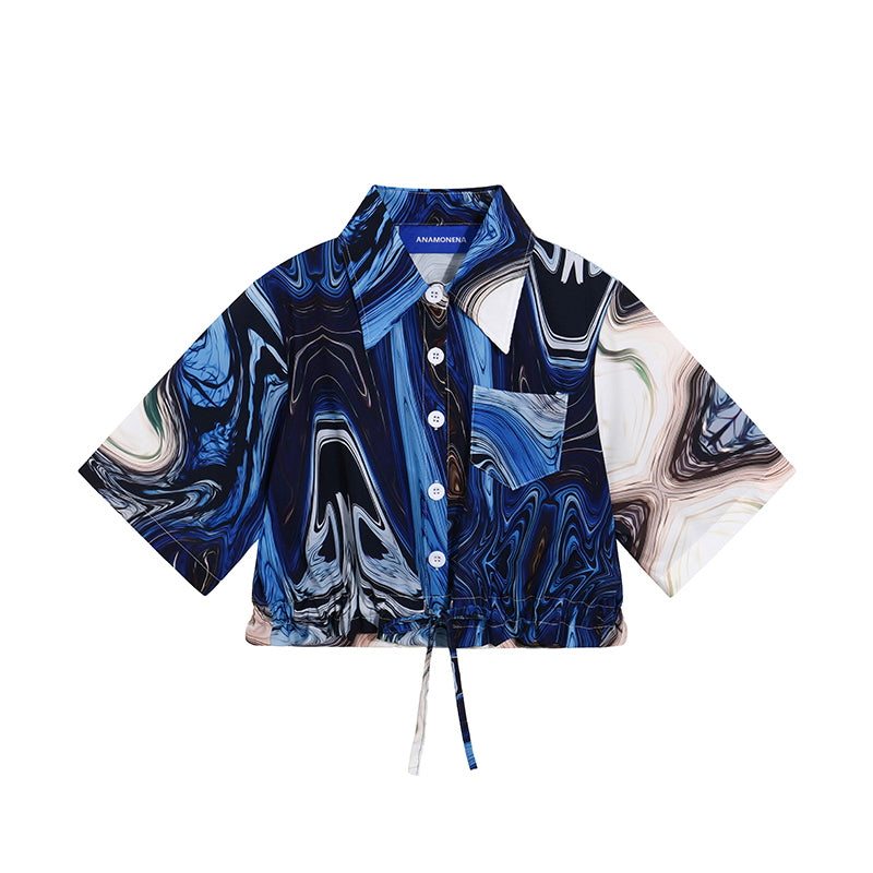 紺藍の抽象画ショートシャツ