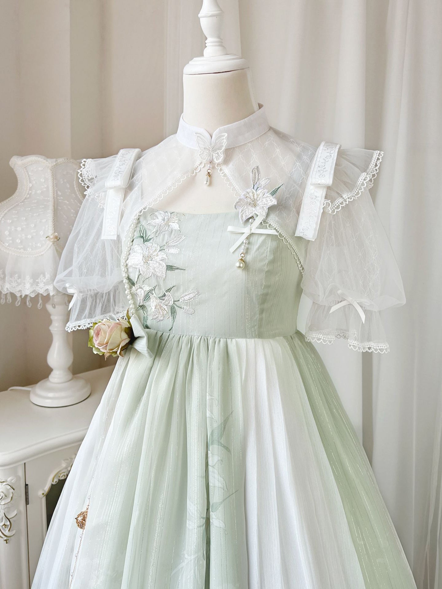 Light green lily flower jumper skirt ＆ short bolero – remulia