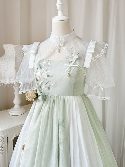 薄緑の百合の花刺繍ジャンパースカートとショートボレロ