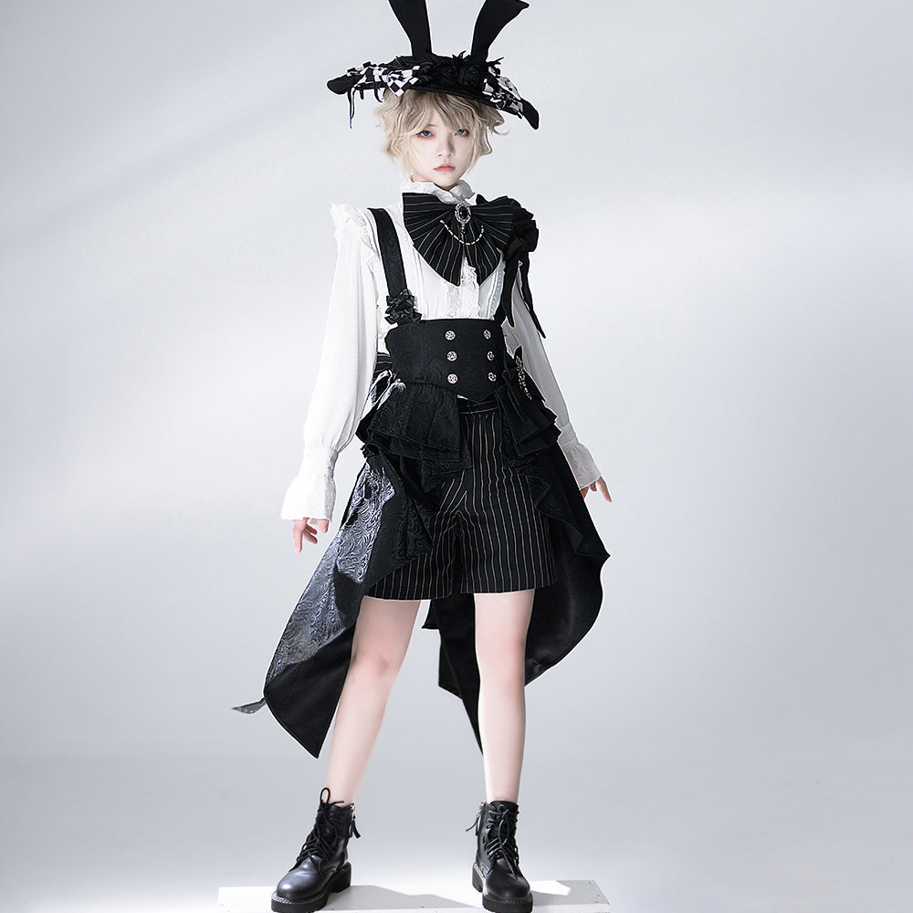 公爵騎士のジャガードコルセットと刺繍ブラウスとストライプハーフパンツとストライプバックリボンとリボンブローチと帽子[2023年7月中旬発送予定]