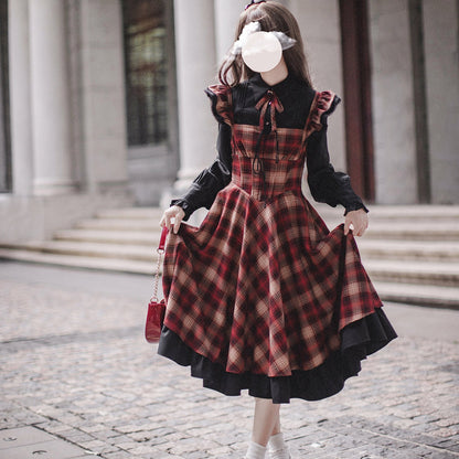 British retro check apron dress & decorated blouse remulia British retro check apron dress & decorated blouse remulia