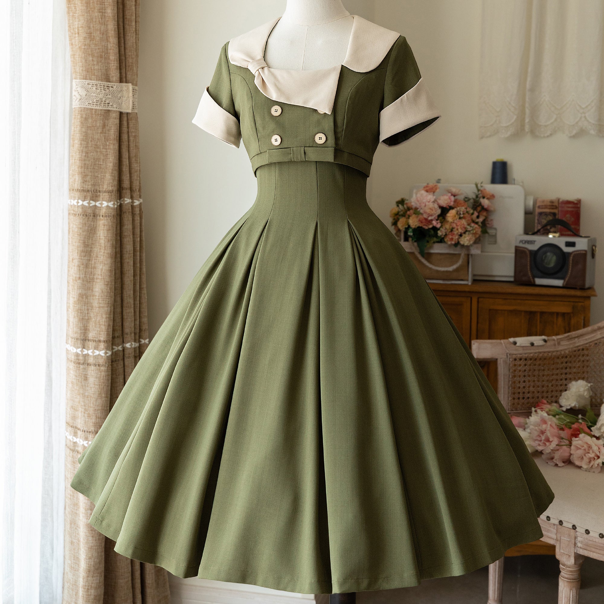 Paris lady's classical dress and short jacket (moss green) – remulia