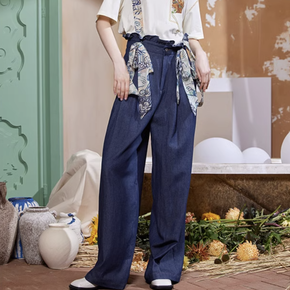 Wide denim pants from an old vineyard with a farmer's wife