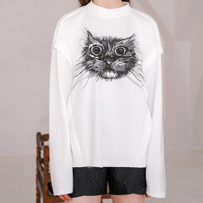 黒猫のペン画ロングTシャツ