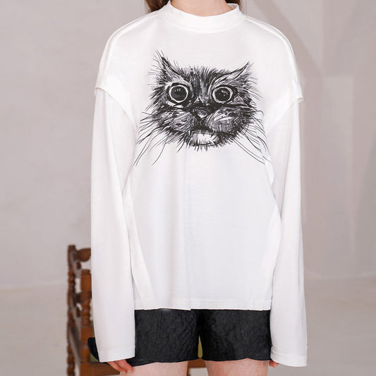 黒猫のペン画ロングTシャツ