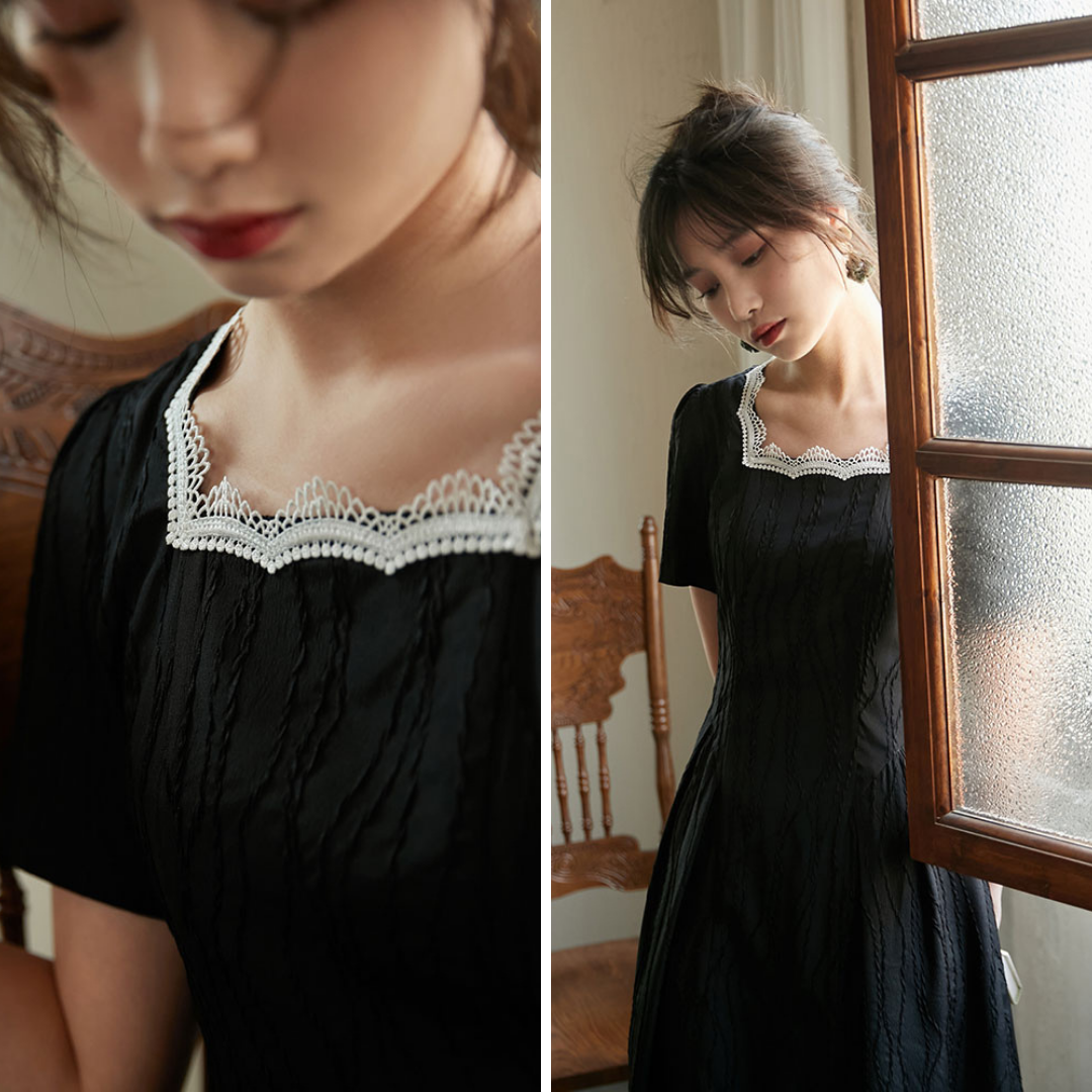漆黒の編み模様ジャガードワンピース