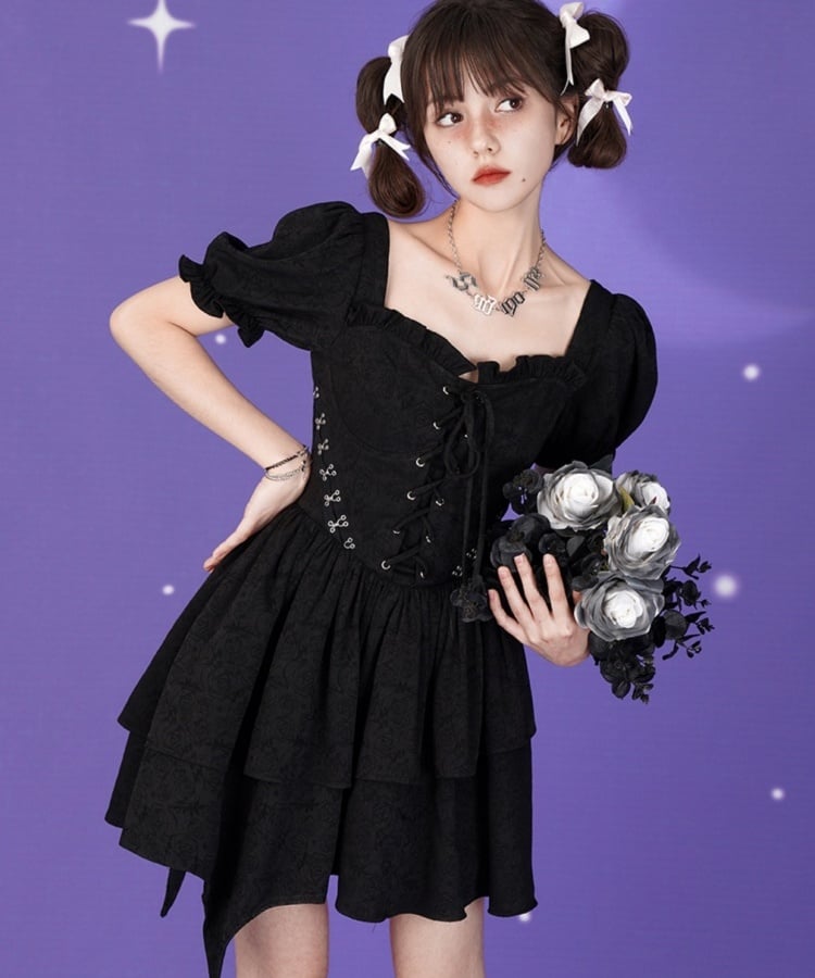 Black rose girl lace-up dress