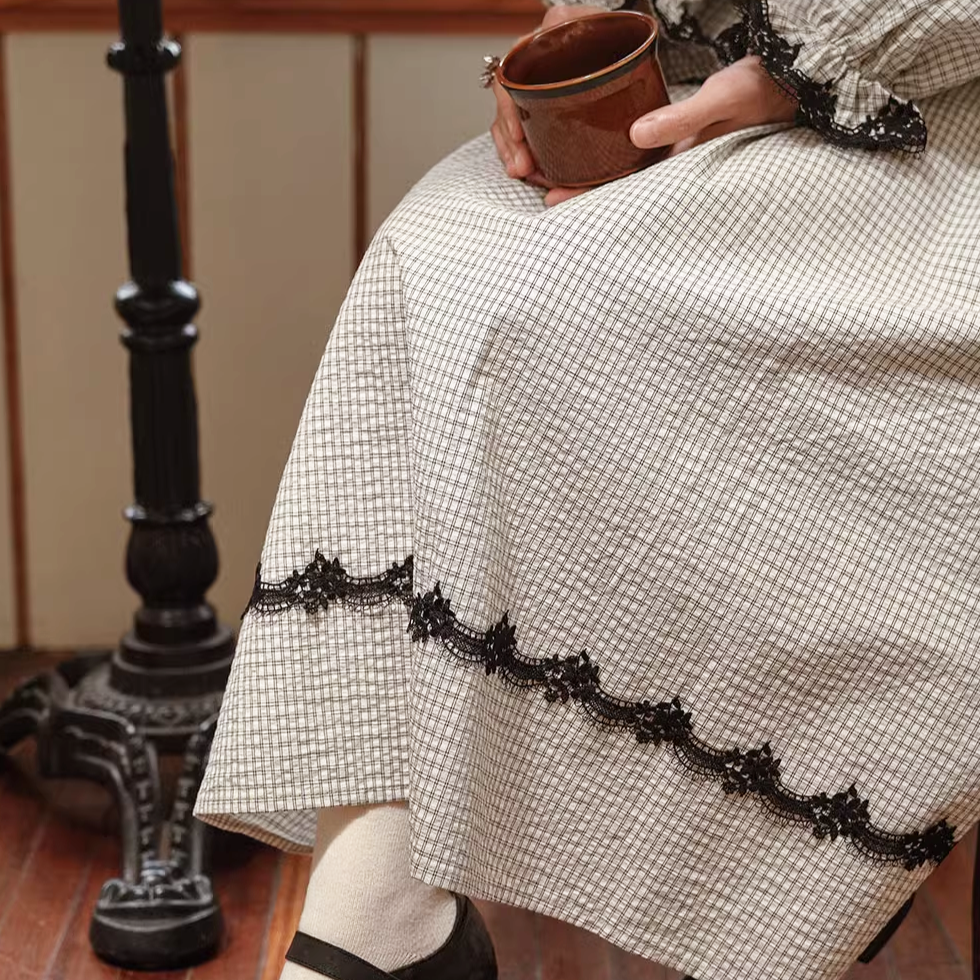 Japanese pattern dress lace up waist autumn skirt