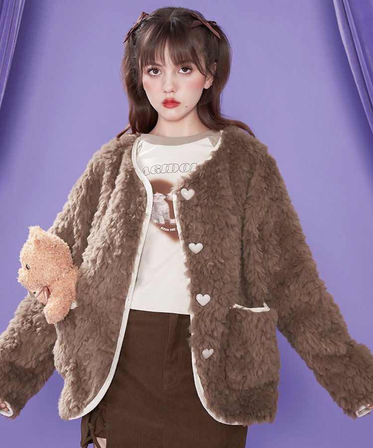 Fluffy Girl Heart Button Collarless Fur Coat