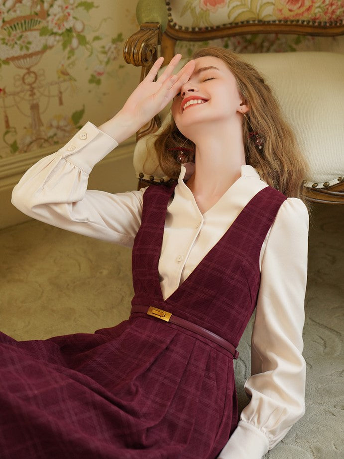 Red check pattern strap dress and French blouse