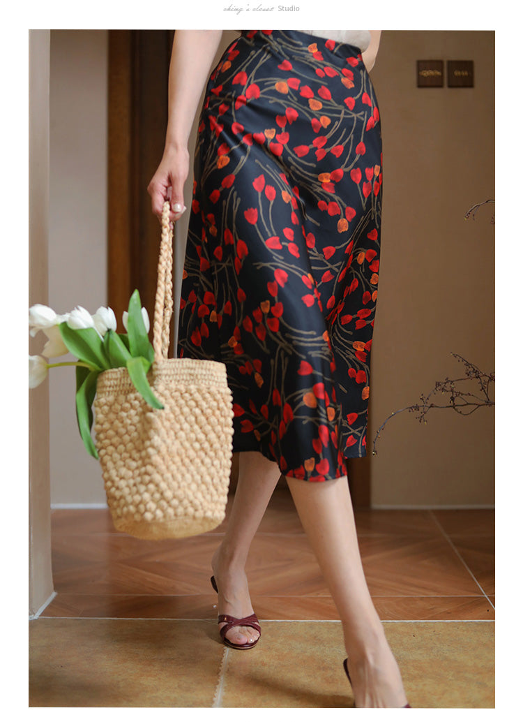 深紅の花模様フレンチスカート
