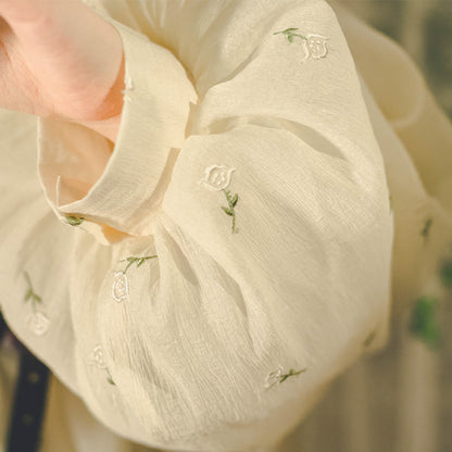 朝霞の花刺繍シャツワンピース