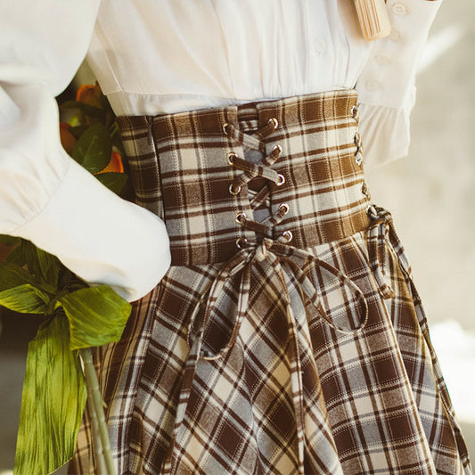 焦茶格子縞ハイウエストコルセットスカート
