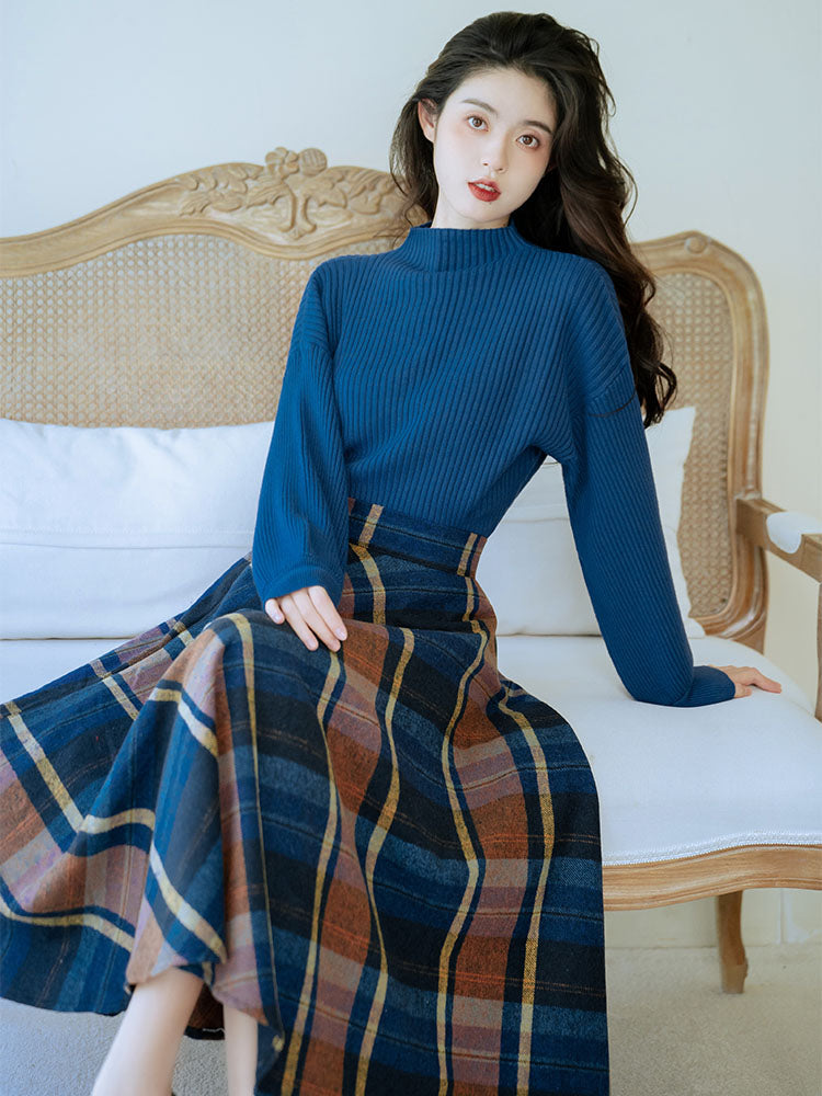 Indigo brown plaid retro skirt and high neck sweater – remulia