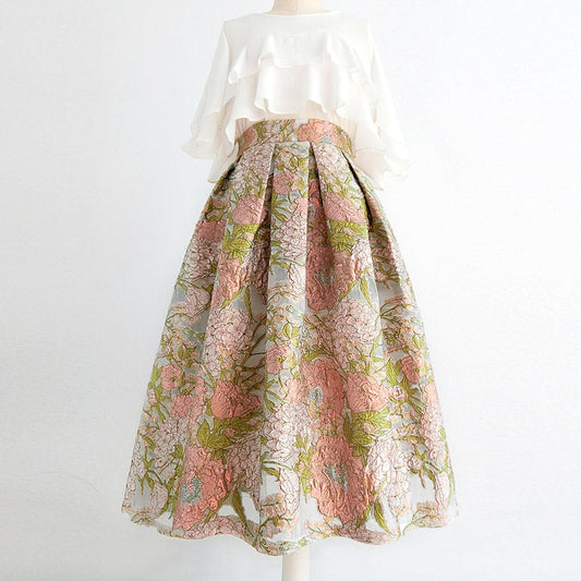 薄桜の花群集ヘップバーンスカート