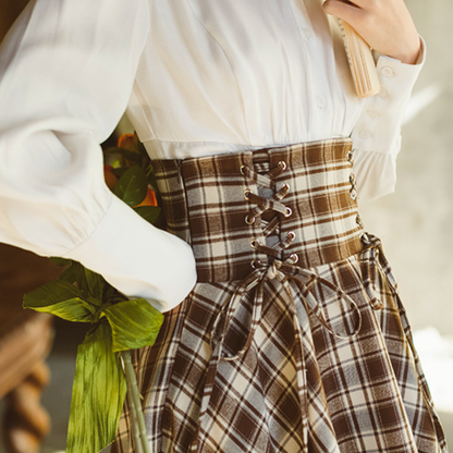 焦茶格子縞ハイウエストコルセットスカート