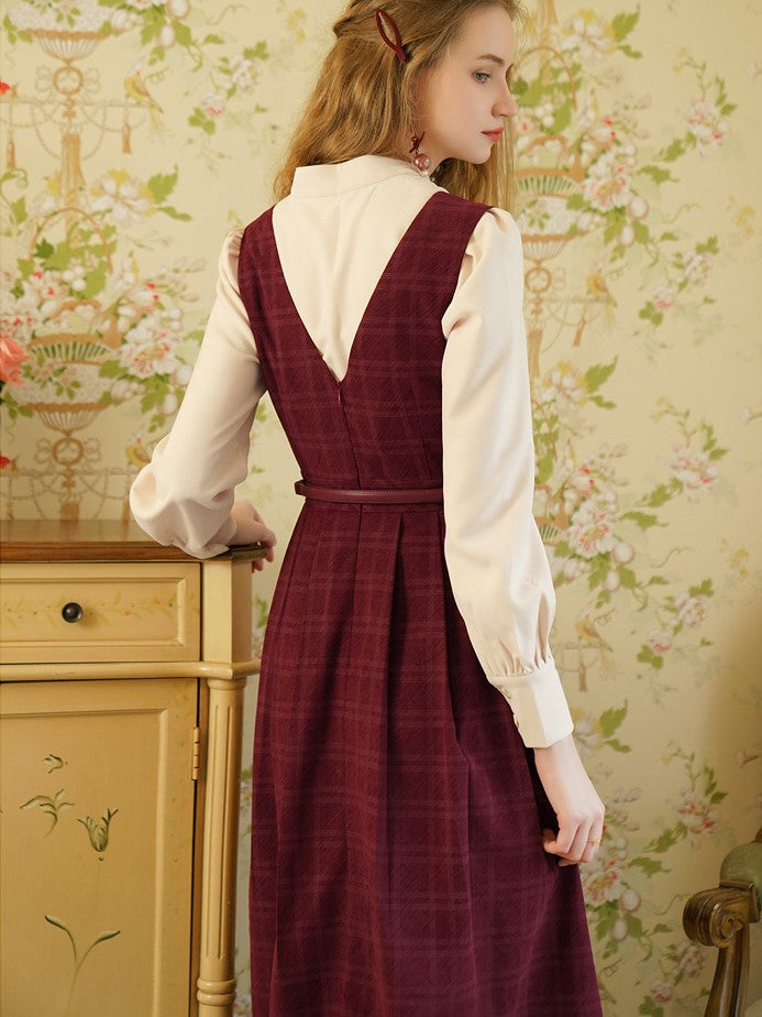 Red check pattern strap dress and French blouse