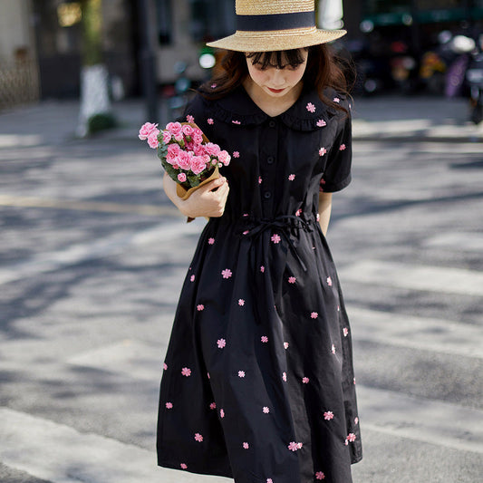 Pink flower embroidery French dress