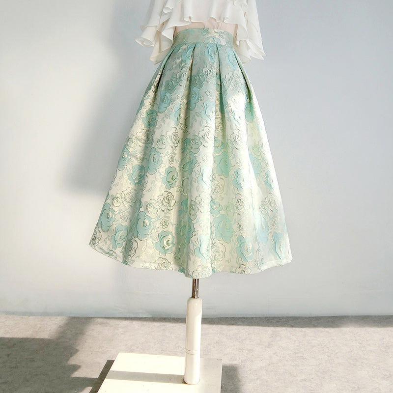 White and green rose pattern Hepburn skirt