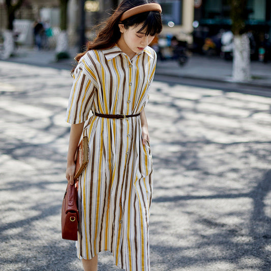 Yellow-brown vertical striped dress