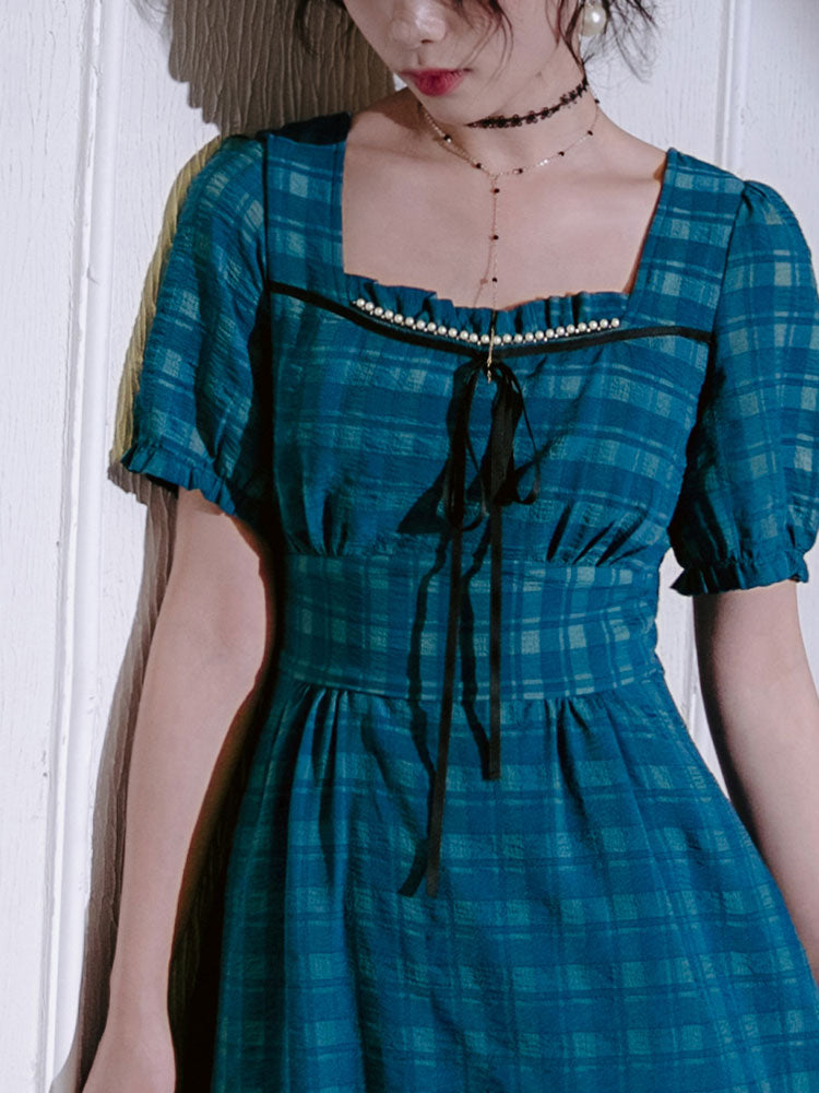 Peacock Blue Plaid Retro Dress remulia Peacock Blue Plaid Retro Dress remulia