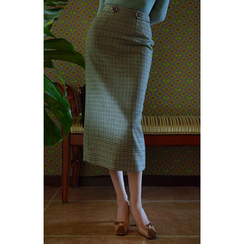 青緑の千鳥格子縞ツイードチューブスカート