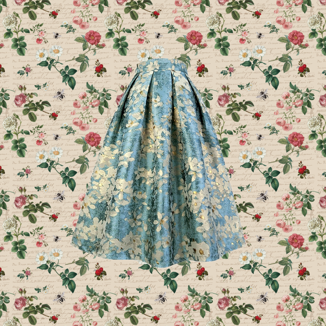 薄藍の花群集ヘップバーンスカート