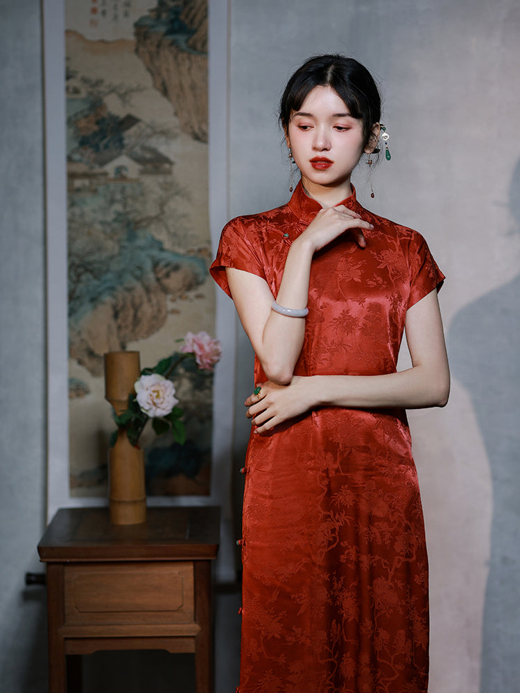 Red Vermilion Tree Pattern China Dress