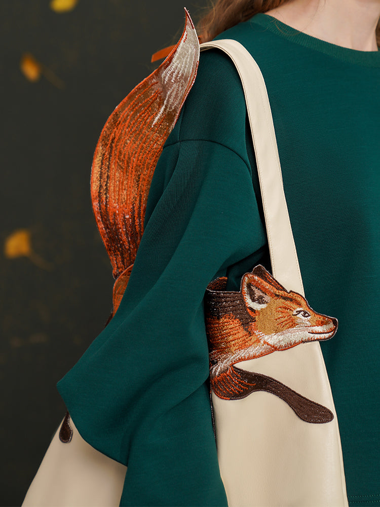 赤狐の刺繍トートバッグ
