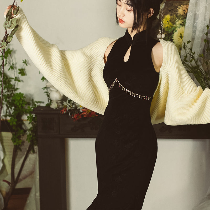 black rose velvet dress ＆ cardigan