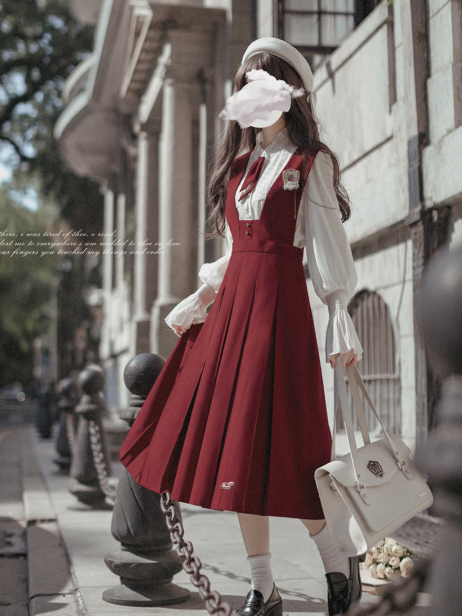 wine red literary girl jumper skirt ＆ blouse