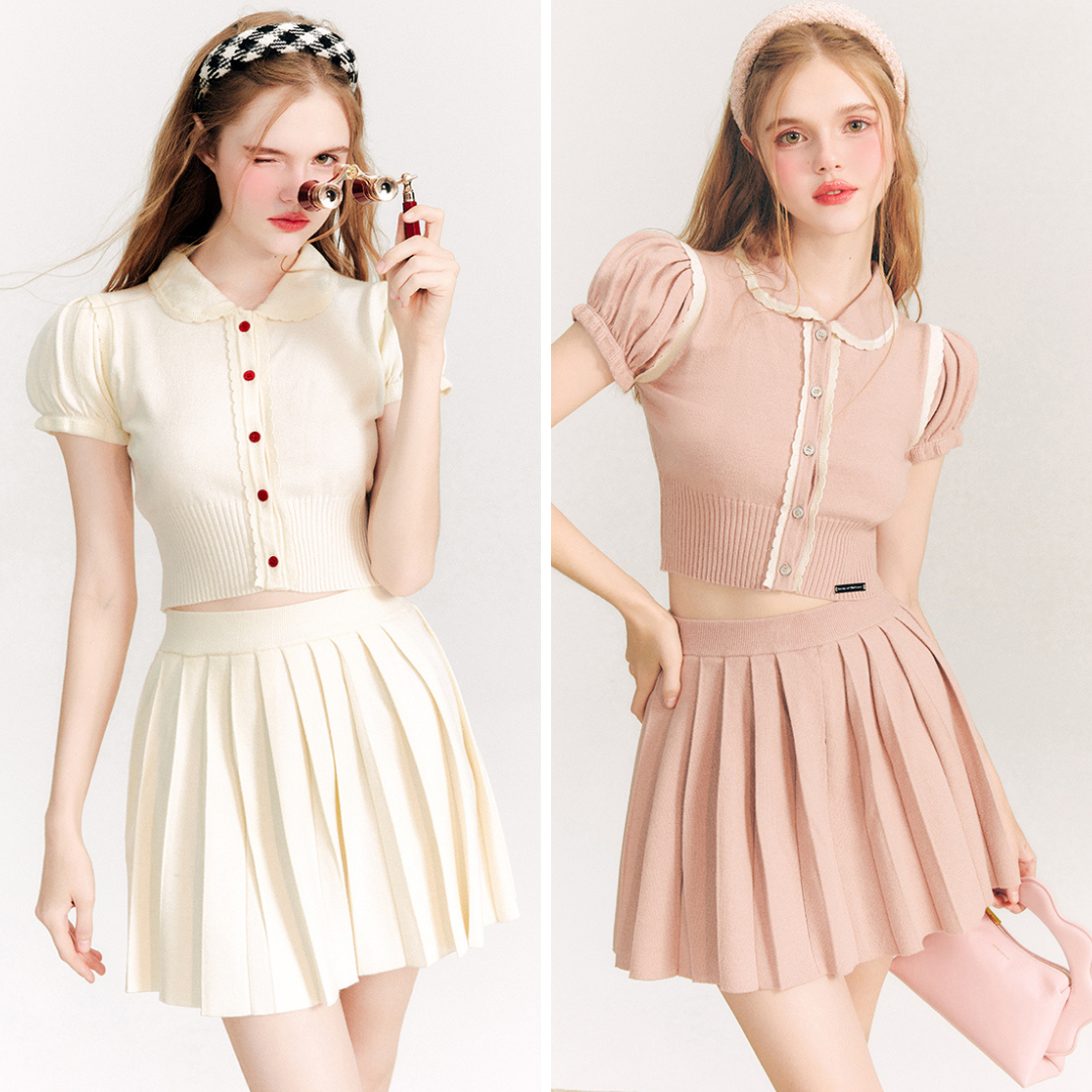 Retro girl s one tone knit short tops and knit short skirts remulia