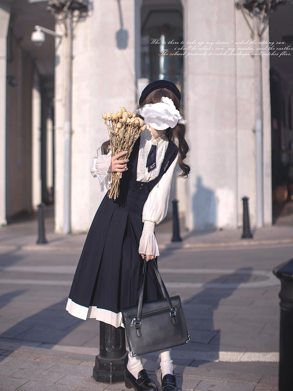 navy blue literary girl jumper skirt and blouse