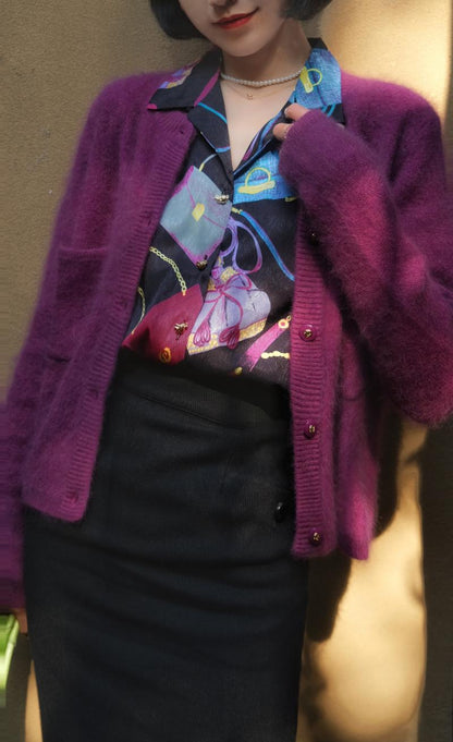 紫黒の鞄柄ヴィンテージブラウス