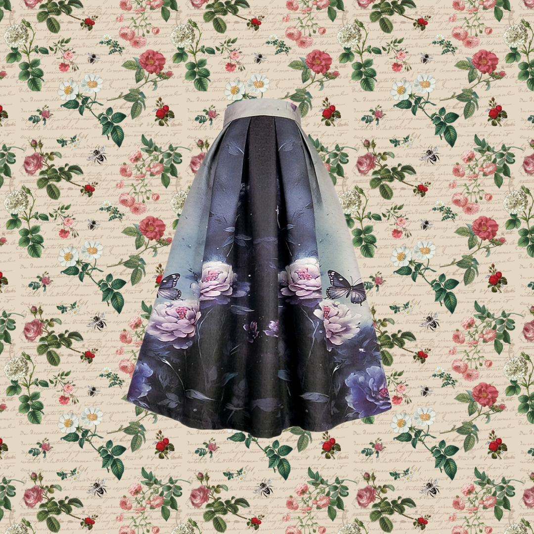 夢幻の蝶と花絵画ヘップバーンスカート