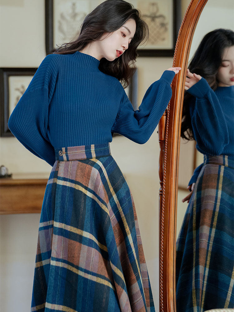 Indigo brown plaid retro skirt and high neck sweater – remulia