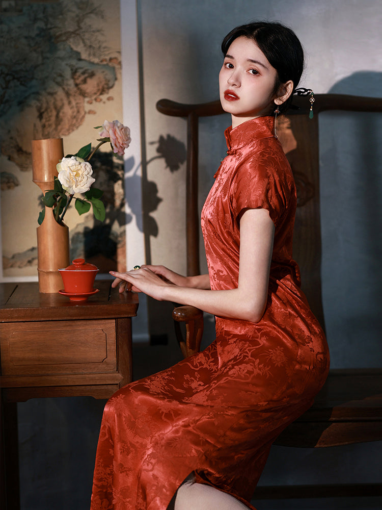 Red Vermilion Tree Pattern China Dress