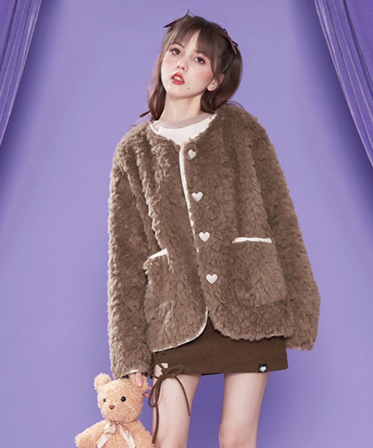 Fluffy Girl Heart Button Collarless Fur Coat