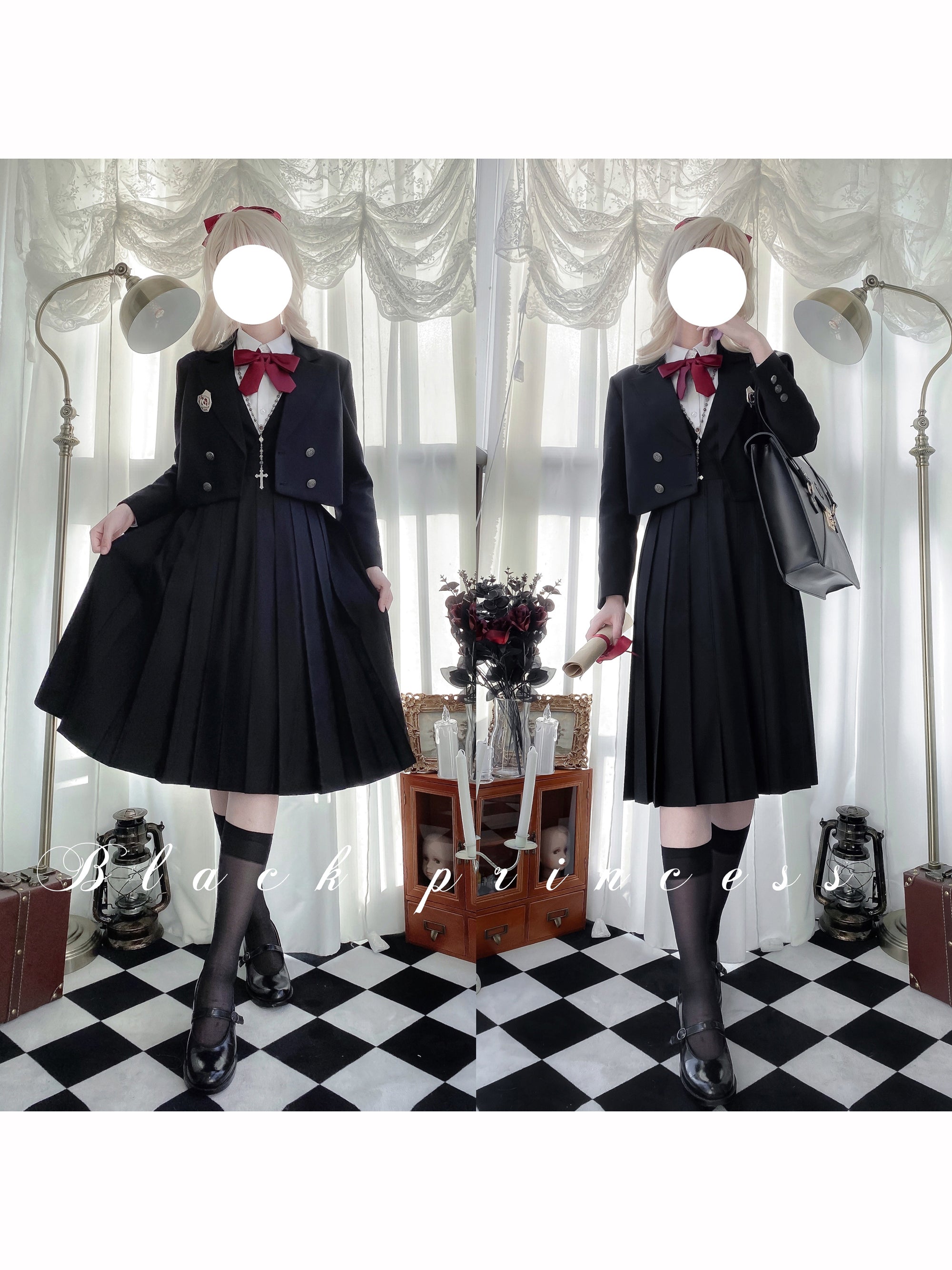 Jet black literature girl classical jumper skirt ＆ short jacket