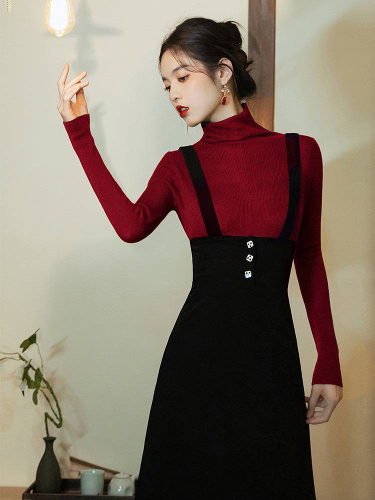 Black lady's strap skirt and turtleneck sweater (wine red) – remulia