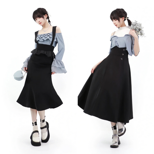 Black Jumper Skirt and Black High-Waisted Skirt and Misty Gray Tops