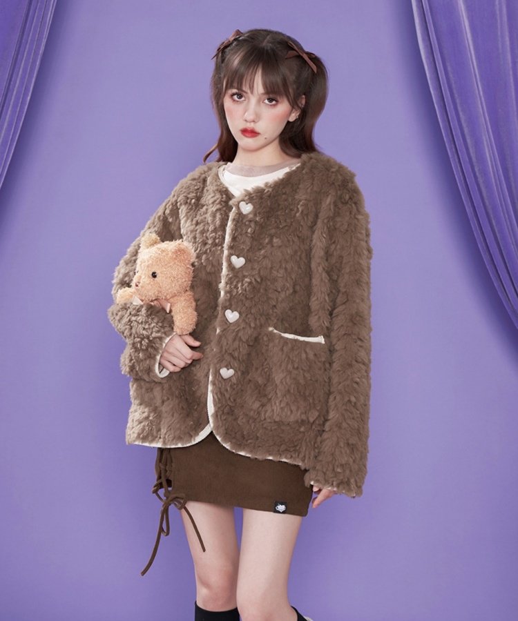 Fluffy Girl Heart Button Collarless Fur Coat