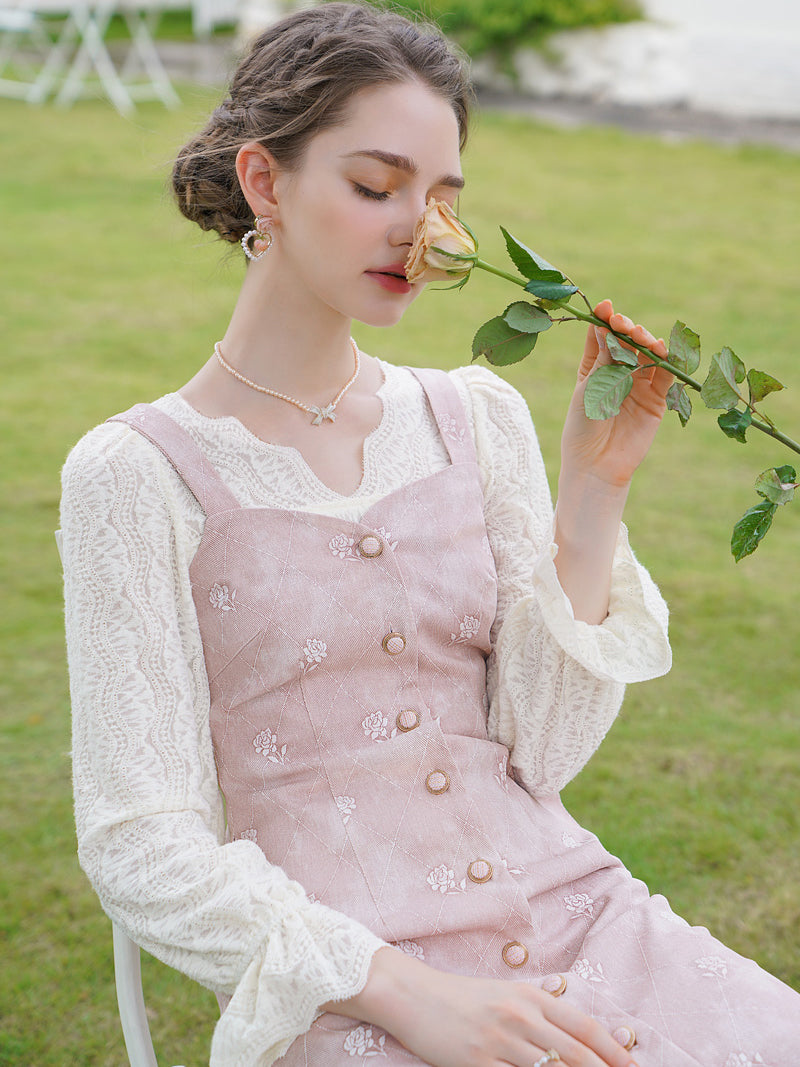 Baby pink rose embroidery denim strap dress and lace blouse – remulia