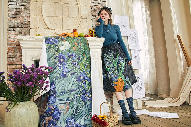 アイリスと花瓶の向日葵のキルティングスカート