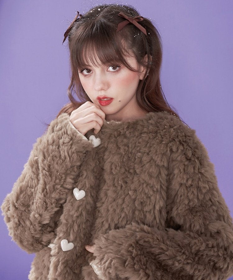 Fluffy Girl Heart Button Collarless Fur Coat